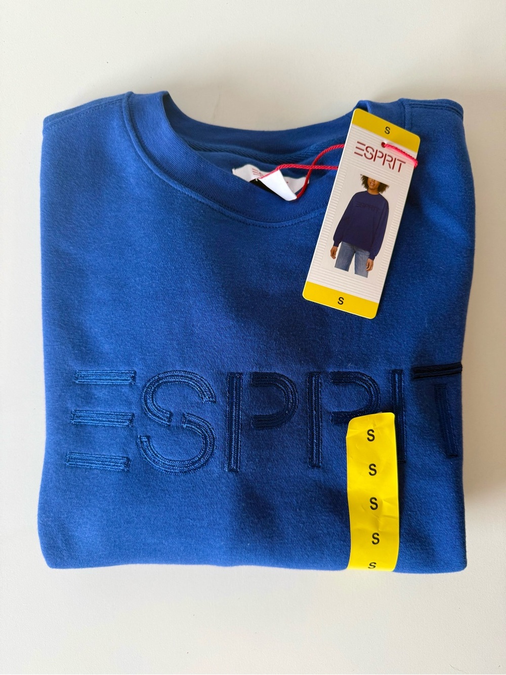 NWT Esprit Costco Blue Crewneck Fleece Sweatshirt-Retro 80s Embroidered Logo Sm